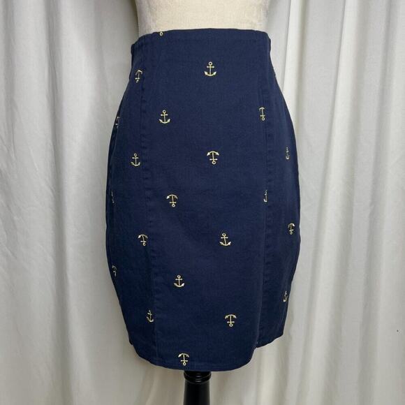 Embroidered Anchor Skirt Mid Length Pencil Nautical Navy Gold Women's Homemade - Picture 2 of 7